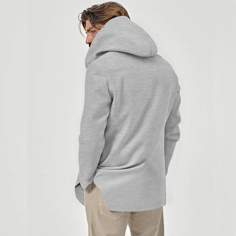 Men's Fall Winter Longline Lapel Double-Breasted Hooded Midi Casual Trench Coat Office