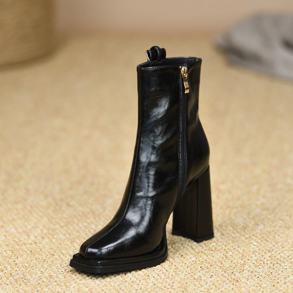Women's Fall Winter Chunky Sole Fleece-Lined Block Heel High Heel Side Zip Ankle Boots for Office and Weekend Streetwear Everyday Wear Date Night Wedding Guest