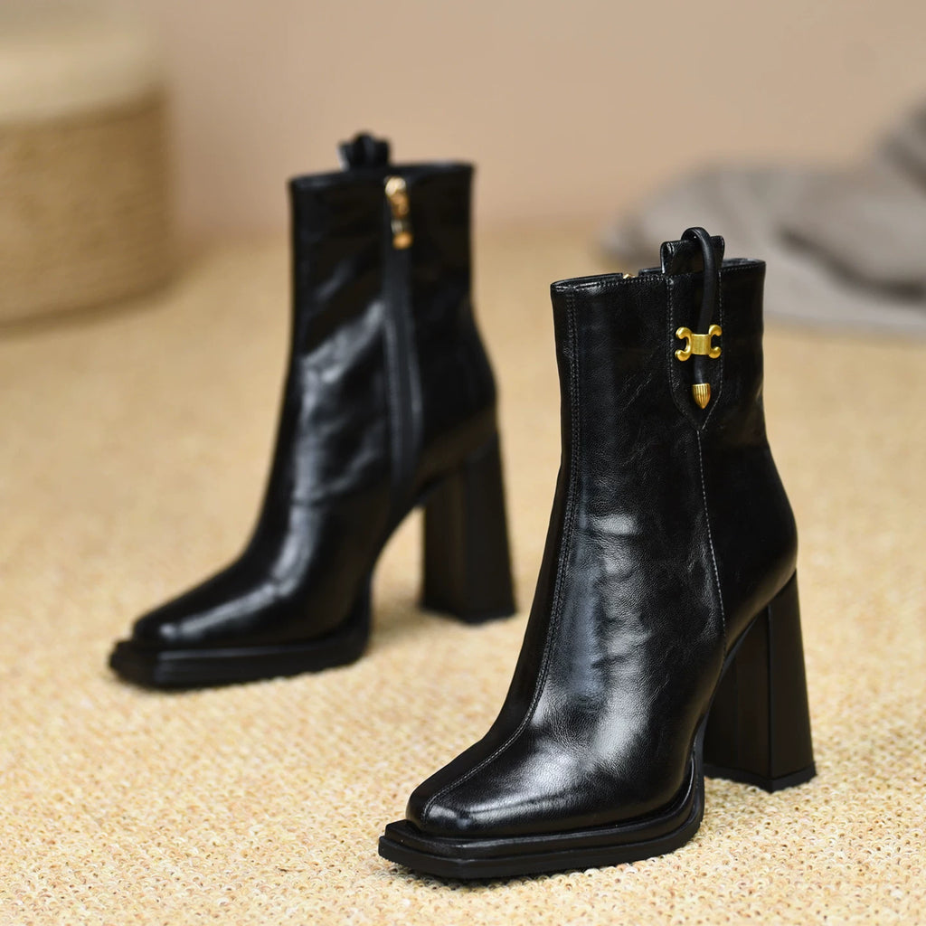 Women's Fall Winter Chunky Sole Fleece-Lined Block Heel High Heel Side Zip Ankle Boots for Office and Weekend Streetwear Everyday Wear Date Night Wedding Guest