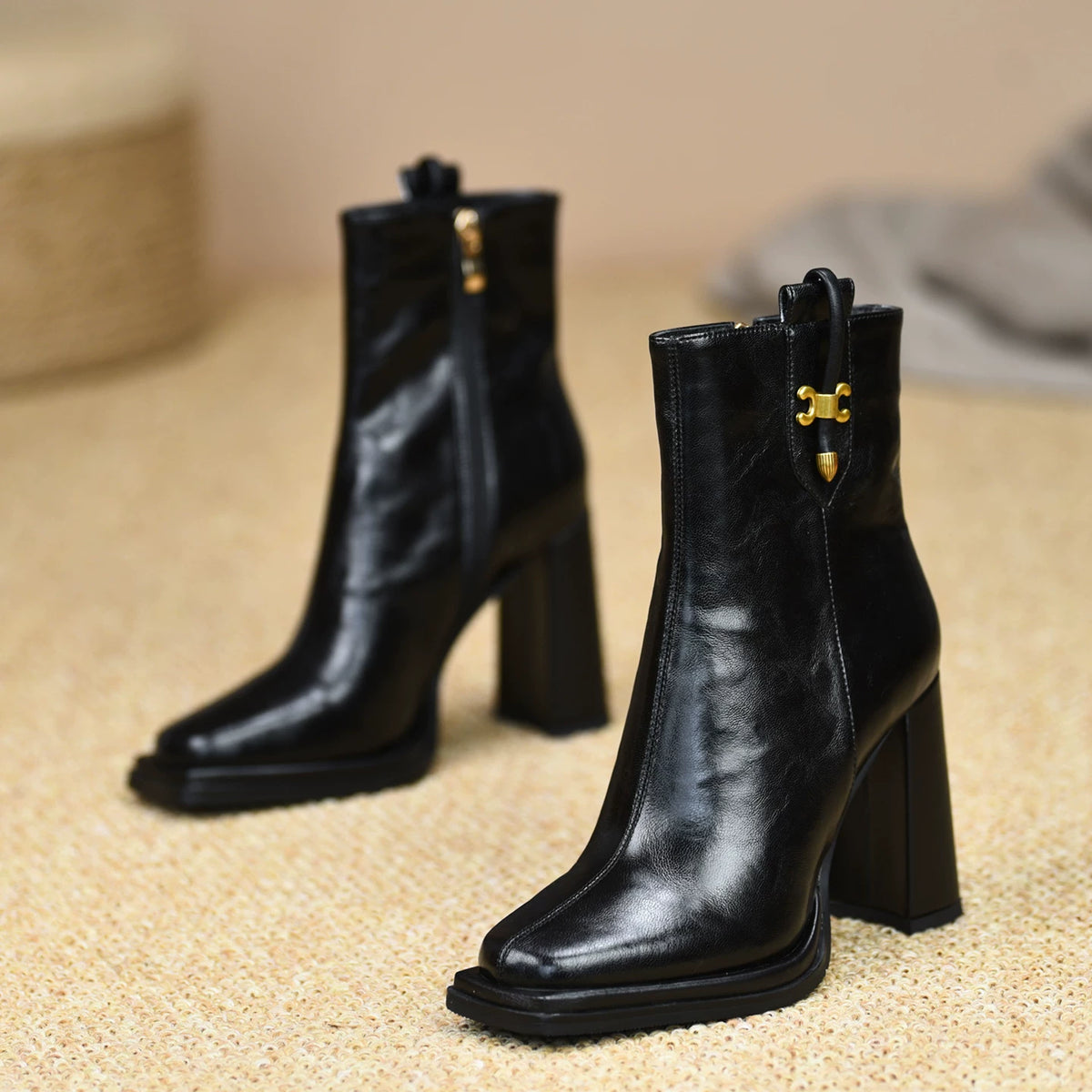 Women's Fall Winter Chunky Sole Fleece-Lined Block Heel High Heel Side Zip Ankle Boots for Office and Weekend Streetwear Everyday Wear Date Night Wedding Guest