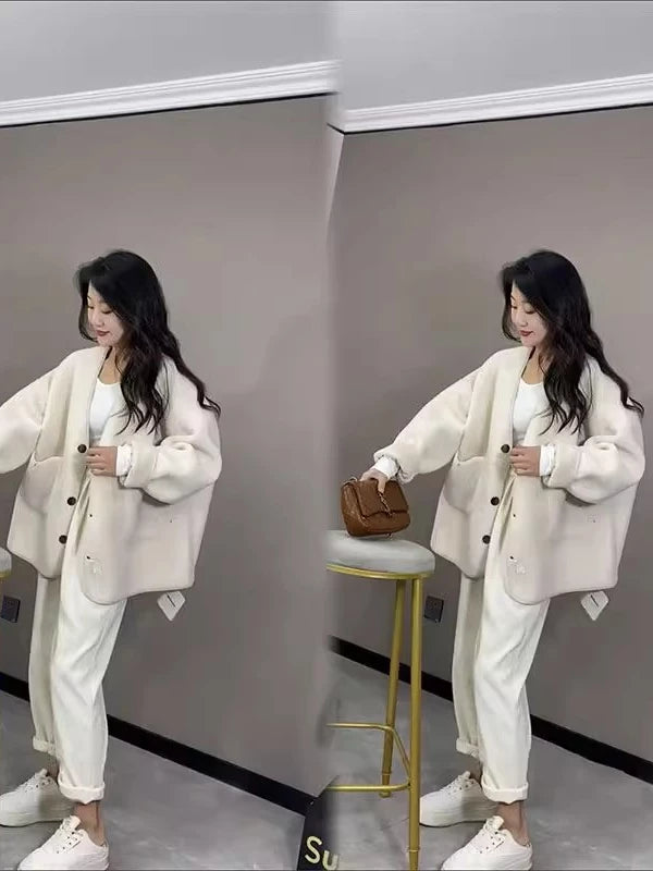 Women's Fall Winter Oversized Tweed-Style Jacket Casual Coat for Cold Weather Travel Spring Outdoor Holiday