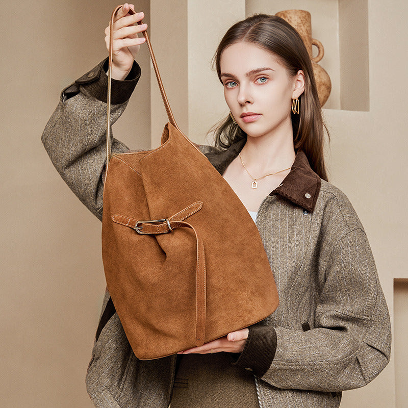 Women's Large-capacity Leather Closed Toe Bucket Bag Drawstring Shoulder Purse Hobo for Everyday Use Travel Work Premium Office School