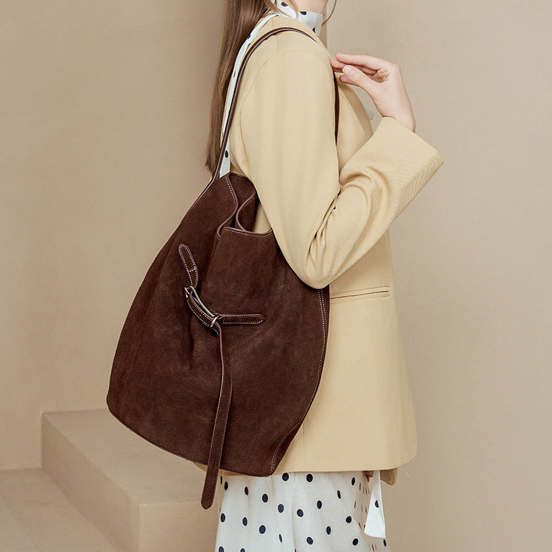 Women's Large-capacity Leather Closed Toe Bucket Bag Drawstring Shoulder Purse Hobo for Everyday Use Travel Work Premium Office School