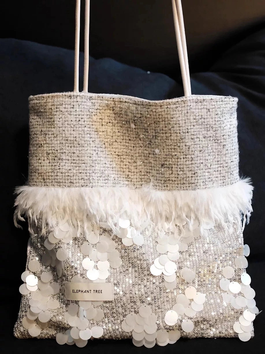 Women's Large-capacity Canvas Glitter Fall Winter White Office Designer Workwear Tote Bag Shoulder Crossbody Purse Work Travel Everyday Purse