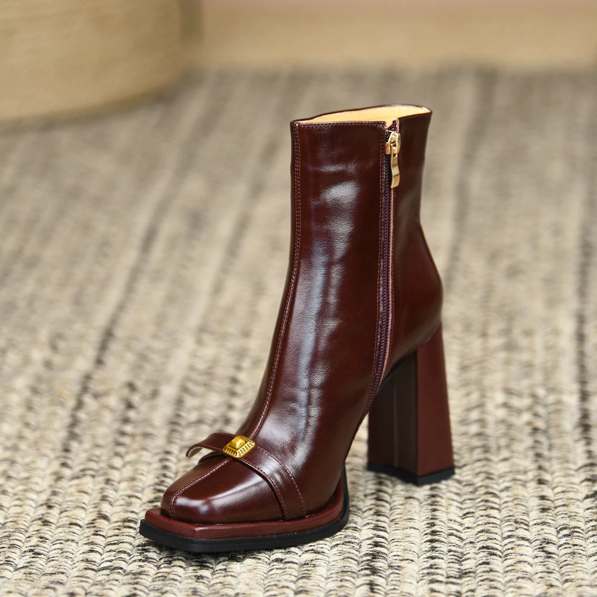Women's Fall Winter Chunky Sole Square Toe Fleece-Lined Block Heel High Heel French-Inspired Ankle Boots for Office and Weekend Streetwear Everyday Wear