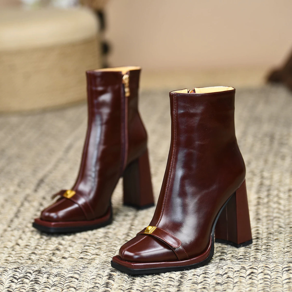 Women's Fall Winter Chunky Sole Square Toe Fleece-Lined Block Heel High Heel French-Inspired Ankle Boots for Office and Weekend Streetwear Everyday Wear