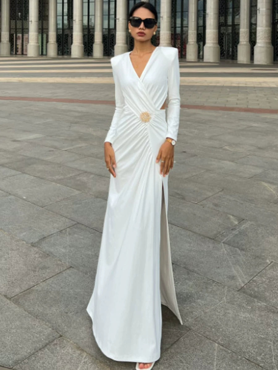 Women's V-neck White Slit Bodycon Maxi Long Sleeve Cutout Evening Dress Formal Midi Dress Party Dress Formal Party Wedding Guest Dress