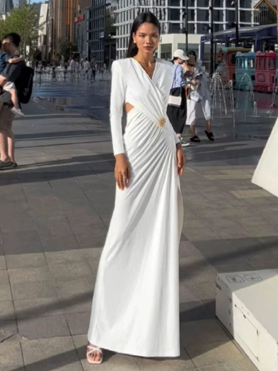 Women's V-neck White Slit Bodycon Maxi Long Sleeve Cutout Evening Dress Formal Midi Dress Party Dress Formal Party Wedding Guest Dress