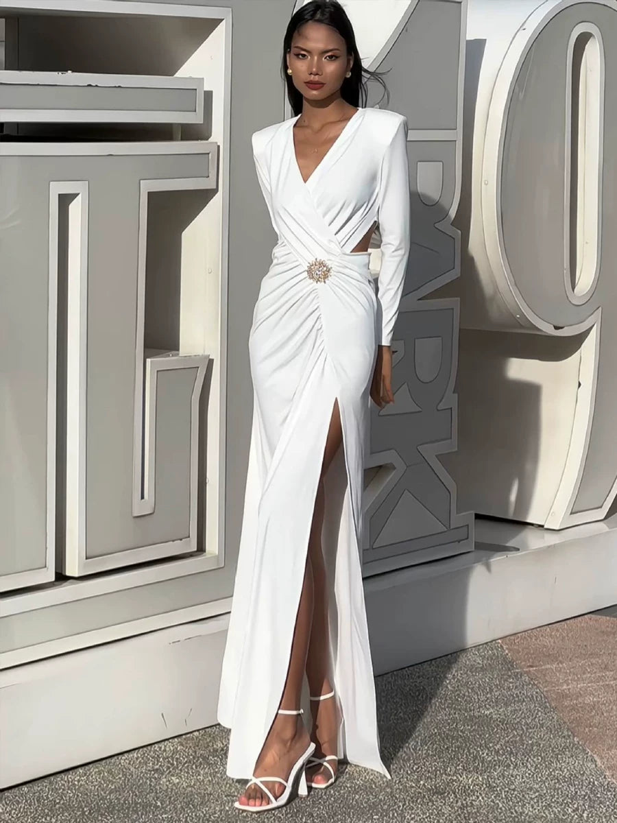 Women's V-neck White Slit Bodycon Maxi Long Sleeve Cutout Evening Dress Formal Midi Dress Party Dress Formal Party Wedding Guest Dress