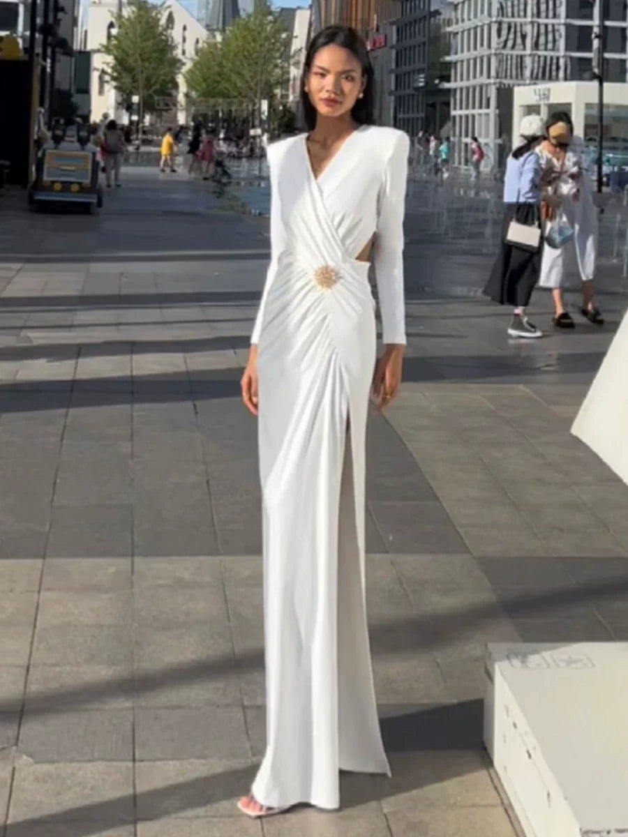 Women's V-neck White Slit Bodycon Maxi Long Sleeve Cutout Evening Dress Formal Midi Dress Party Dress Formal Party Wedding Guest Dress