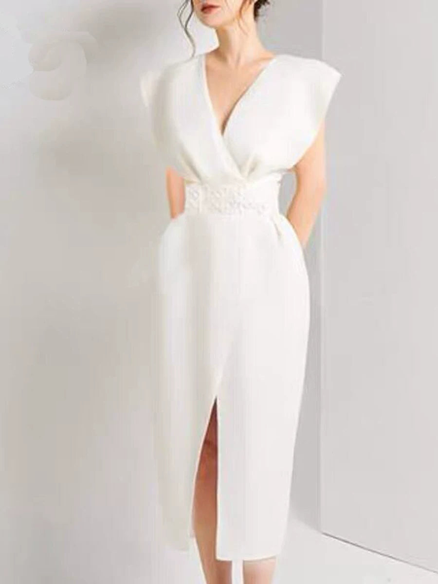 Women's V-neck White Slit Maxi Slimming Elegant Evening Dress Formal Midi Dress Party Dress Formal Party Wedding Guest Dress