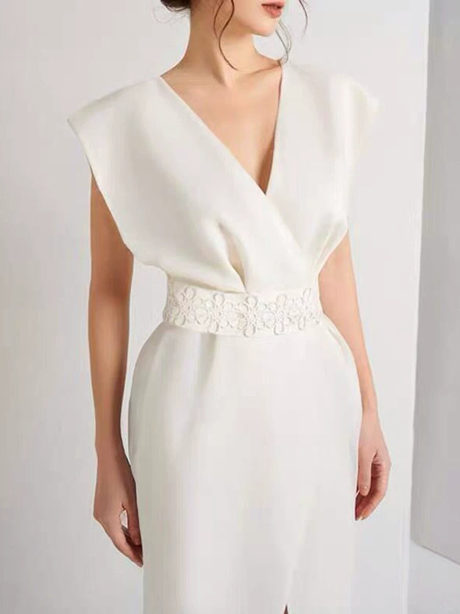 Women's V-neck White Slit Maxi Slimming Elegant Evening Dress Formal Midi Dress Party Dress Formal Party Wedding Guest Dress