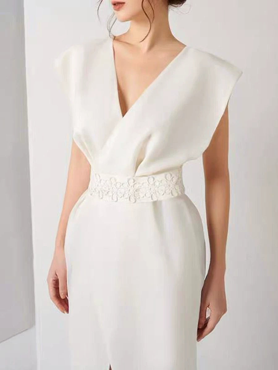 Women's V-neck White Slit Maxi Slimming Elegant Evening Dress Formal Midi Dress Party Dress Formal Party Wedding Guest Dress