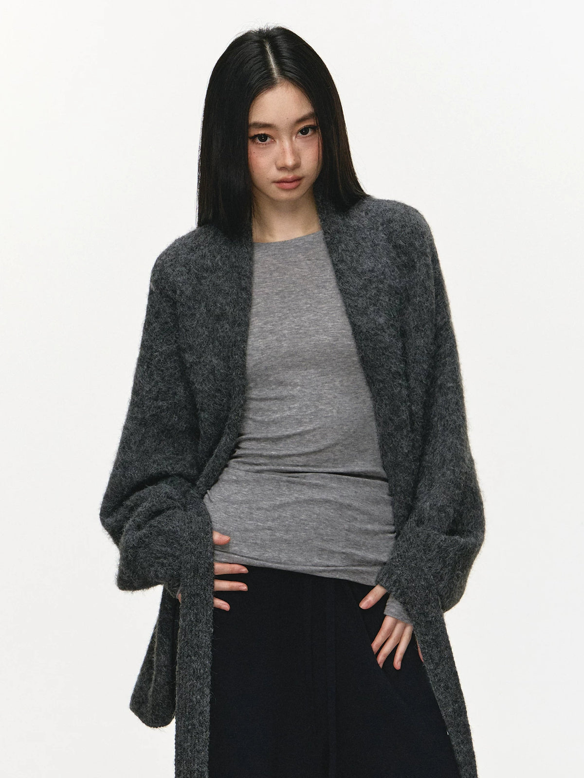 Women's Fall Winter Grey Longline Oversized Midi Cardigan Relaxed Fit Knit Outerwear for Office Outfits Everyday Work