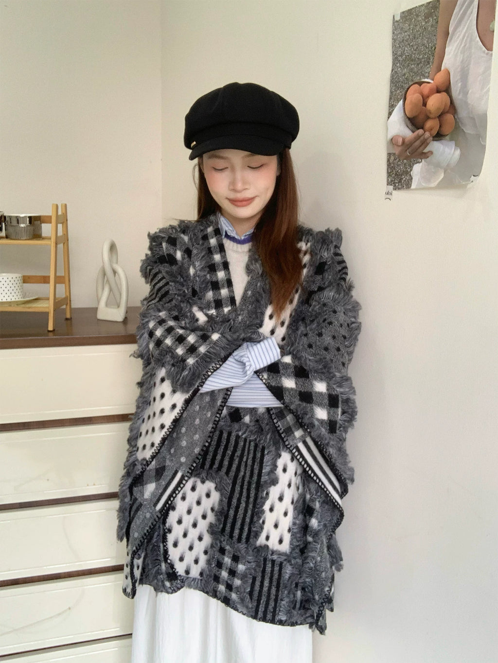 Women's Fall Winter Thickened Plush Fleece-Lined Slim-Fit Korean-Style Knit Shawl for Office and Travel Evening Gift Holiday Gift