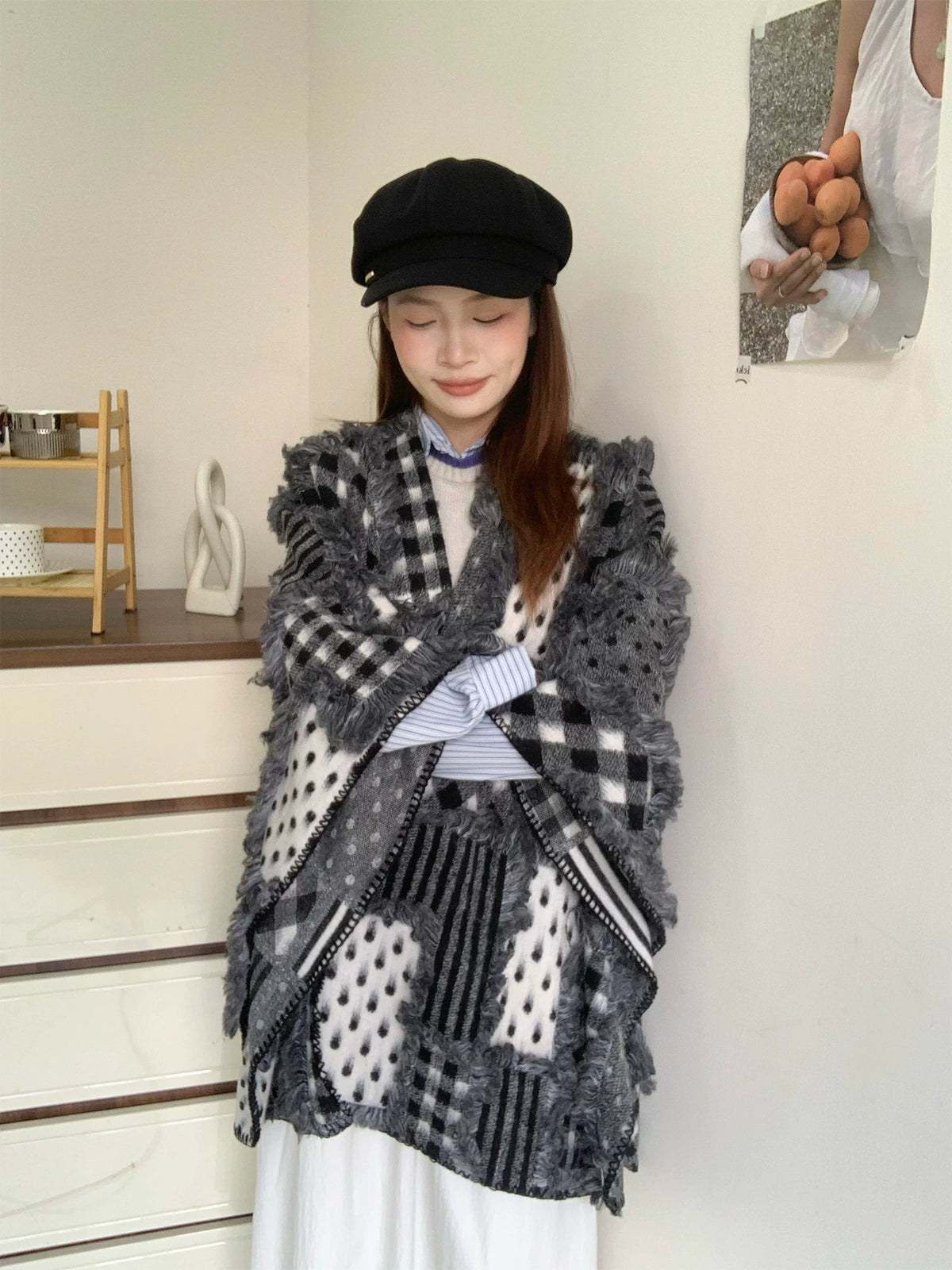 Women's Fall Winter Thickened Plush Fleece-Lined Slim-Fit Korean-Style Knit Shawl for Office and Travel Evening Gift Holiday Gift