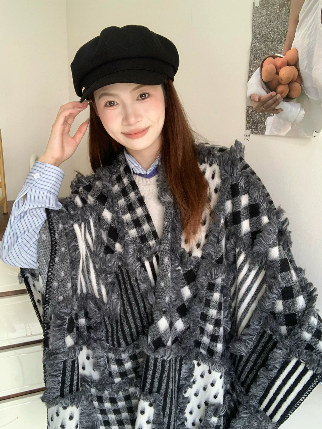 Women's Fall Winter Thickened Plush Fleece-Lined Slim-Fit Korean-Style Knit Shawl for Office and Travel Evening Gift Holiday Gift