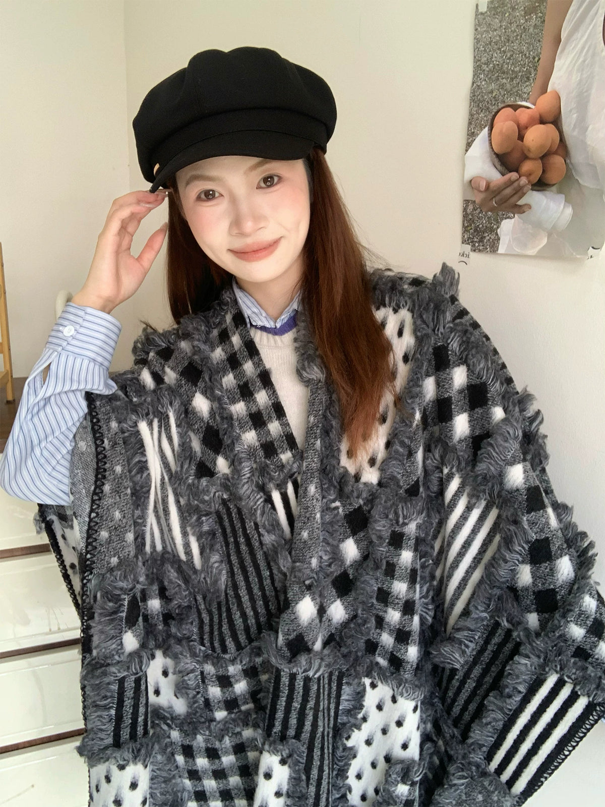 Women's Fall Winter Thickened Plush Fleece-Lined Slim-Fit Korean-Style Knit Shawl for Office and Travel Evening Gift Holiday Gift