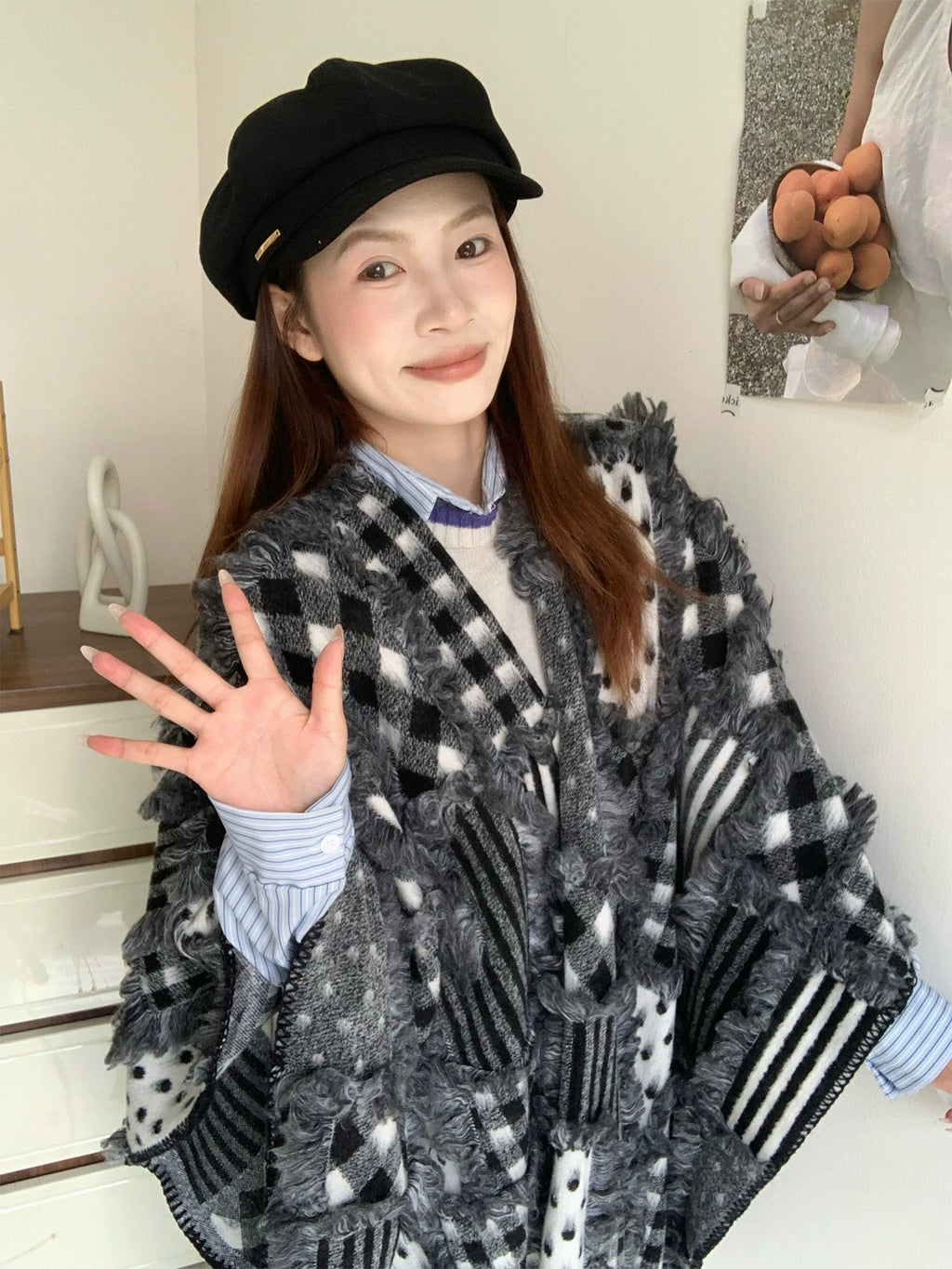 Women's Fall Winter Thickened Plush Fleece-Lined Slim-Fit Korean-Style Knit Shawl for Office and Travel Evening Gift Holiday Gift