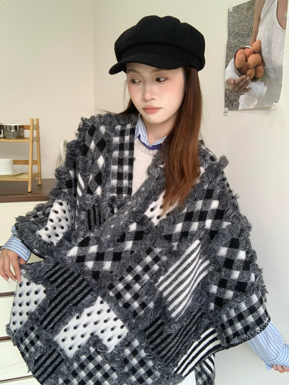 Women's Fall Winter Thickened Plush Fleece-Lined Slim-Fit Korean-Style Knit Shawl for Office and Travel Evening Gift Holiday Gift