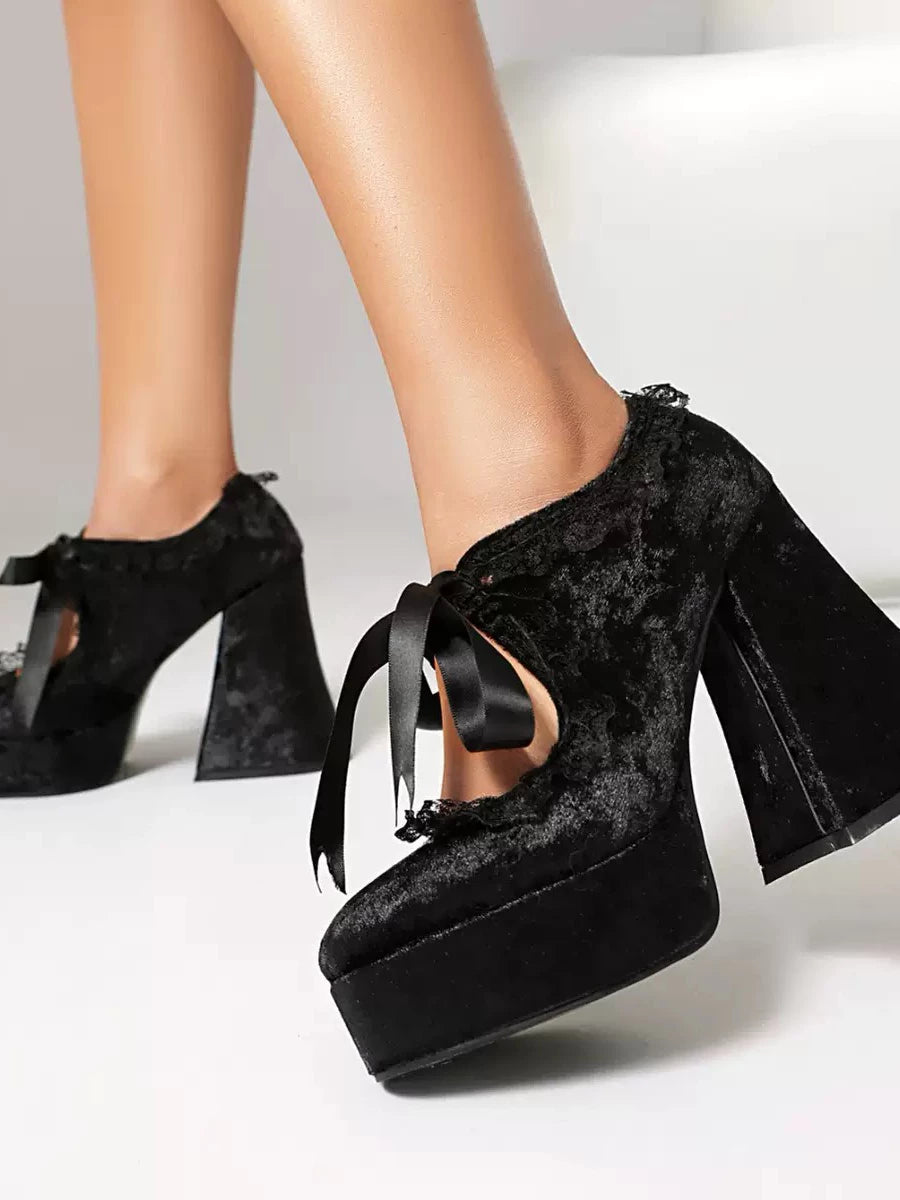 Women's Lace Chunky Sole Platform Block Heel High Heel Retro Mary Jane Pumps Strap Dress Heels Wedding Guest Cocktail Party