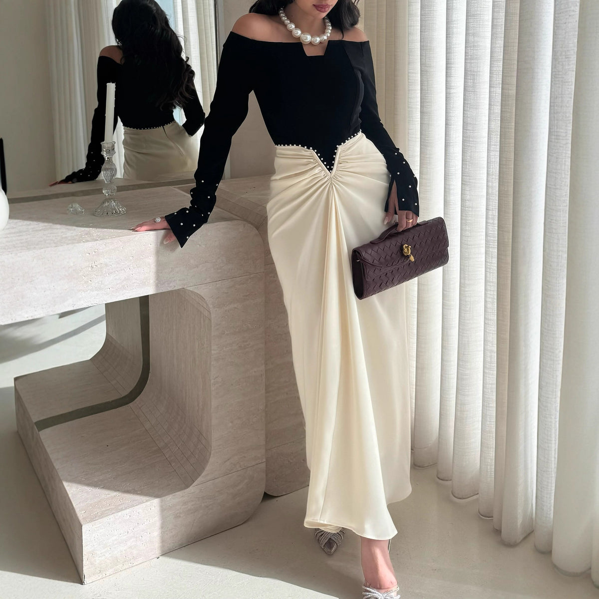 Women's Fall Winter Bodycon Pearl Color-Block Evening Dress Formal Midi Dress Gown