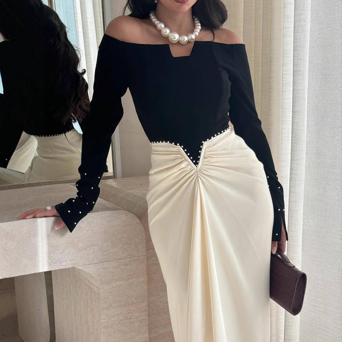 Women's Fall Winter Bodycon Pearl Color-Block Evening Dress Formal Midi Dress Gown