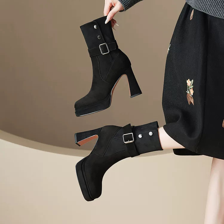 Women's Leather Square Toe Block Heel Slim-fit Side Zip French-inspired Retro Ankle Boots for Fall Outfits Streetwear Winter Slimming Office and Weekend
