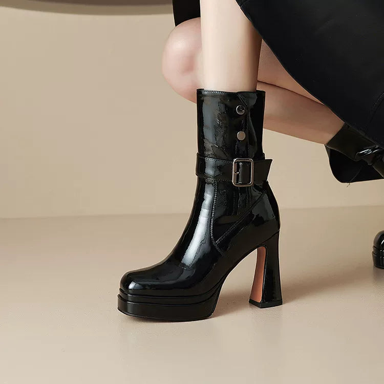 Women's Leather Square Toe Block Heel Slim-fit Side Zip French-inspired Retro Ankle Boots for Fall Outfits Streetwear Winter Slimming Office and Weekend