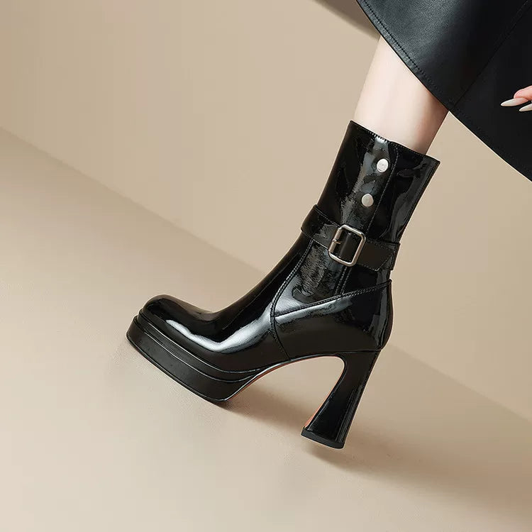 Women's Leather Square Toe Block Heel Slim-fit Side Zip French-inspired Retro Ankle Boots for Fall Outfits Streetwear Winter Slimming Office and Weekend