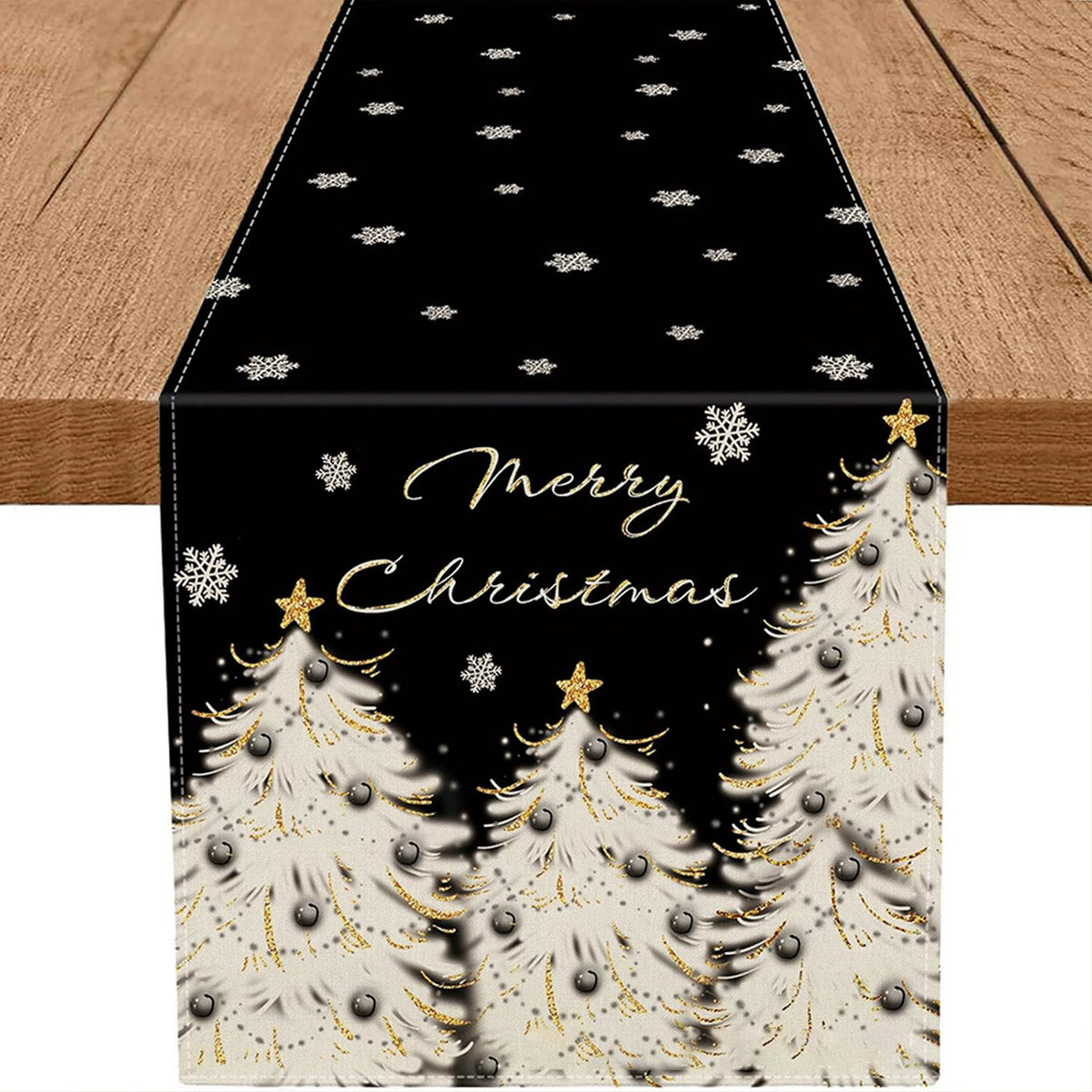 Snowflake and Tree Linen-Look Table Runner, Durable Holiday Tablecloth for Dining Table and Farmhouse Decor