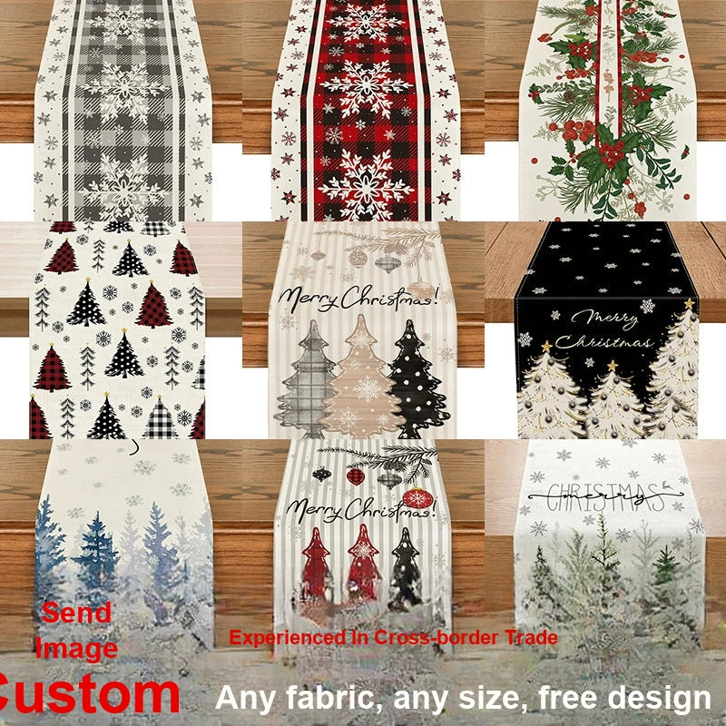 Snowflake and Tree Linen-Look Table Runner, Durable Holiday Tablecloth for Dining Table and Farmhouse Decor