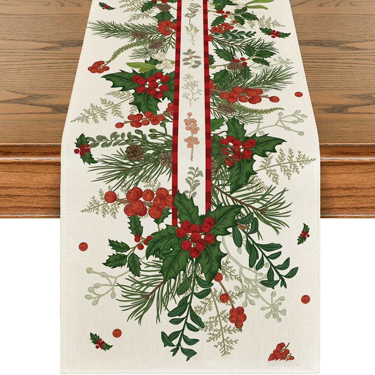 Snowflake and Tree Linen-Look Table Runner, Durable Holiday Tablecloth for Dining Table and Farmhouse Decor