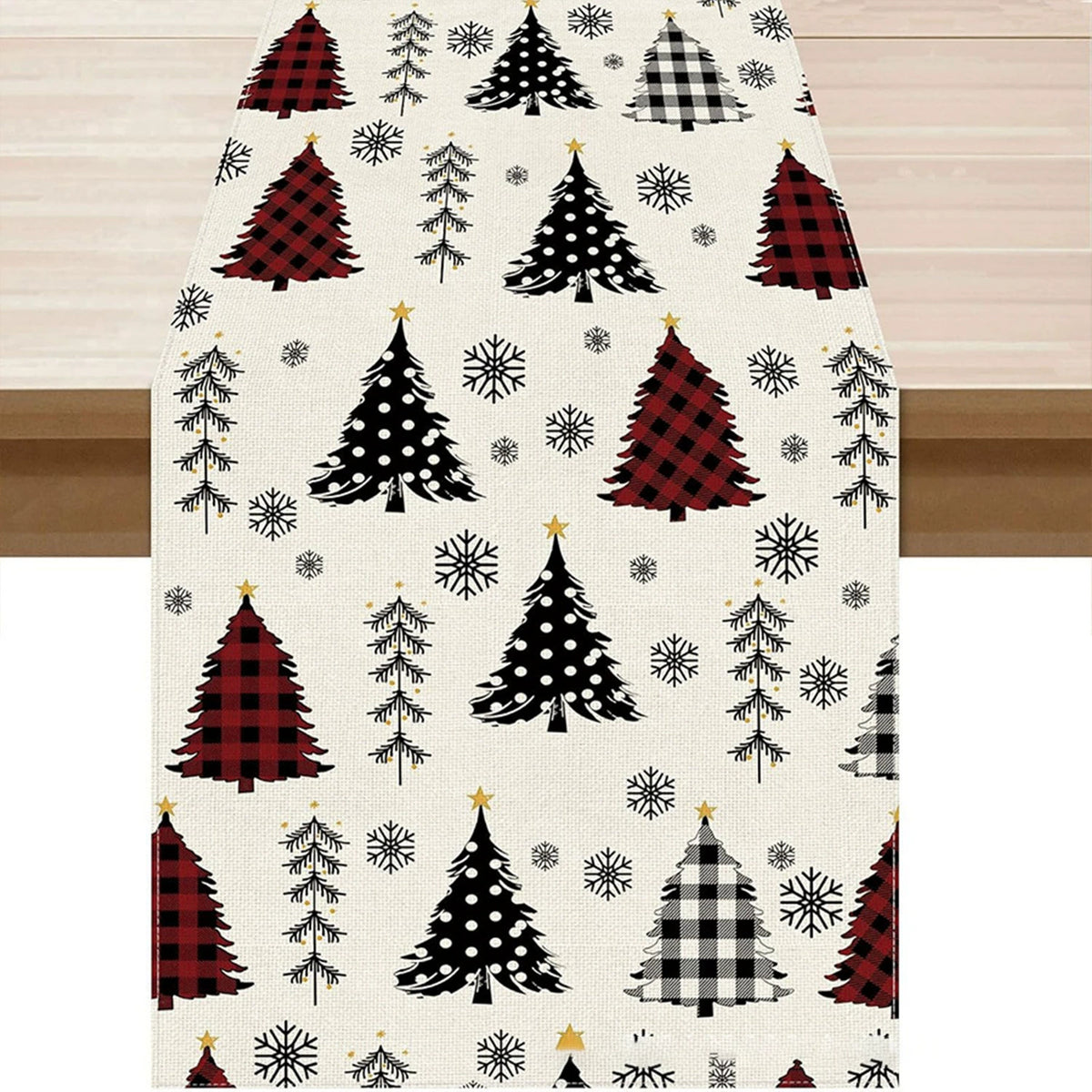 Snowflake and Tree Linen-Look Table Runner, Durable Holiday Tablecloth for Dining Table and Farmhouse Decor