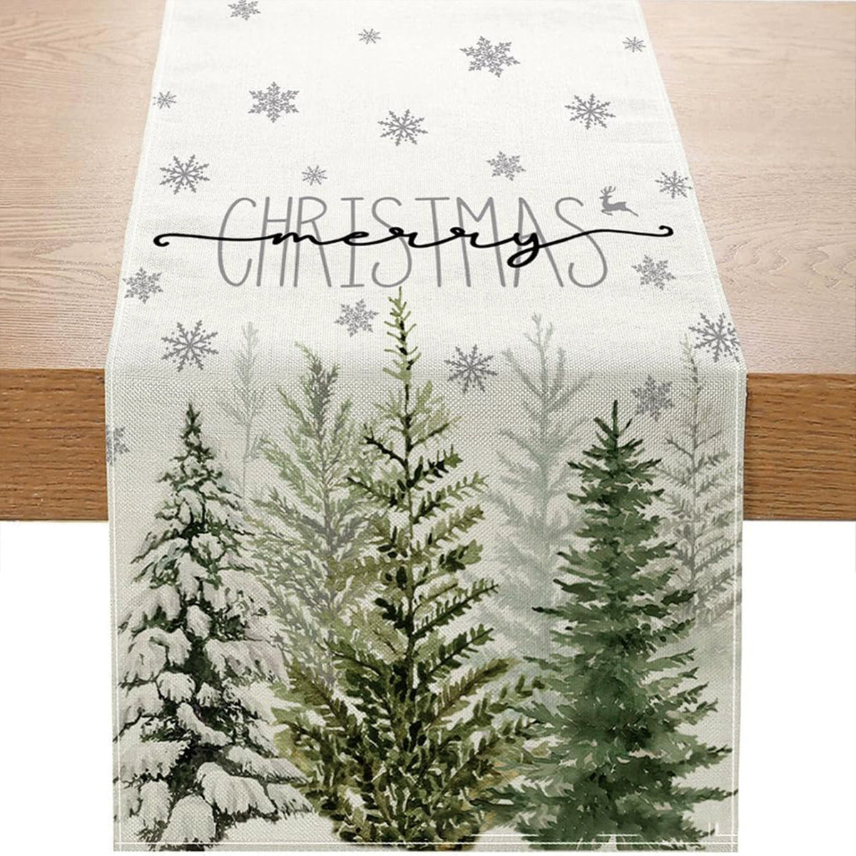 Snowflake and Tree Linen-Look Table Runner, Durable Holiday Tablecloth for Dining Table and Farmhouse Decor