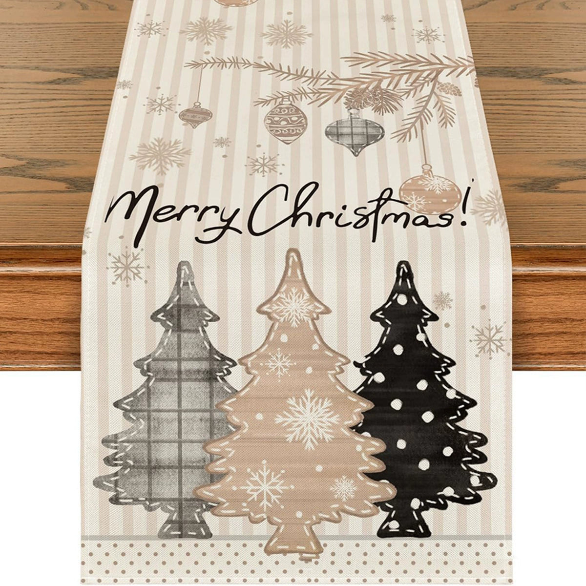 Snowflake and Tree Linen-Look Table Runner, Durable Holiday Tablecloth for Dining Table and Farmhouse Decor