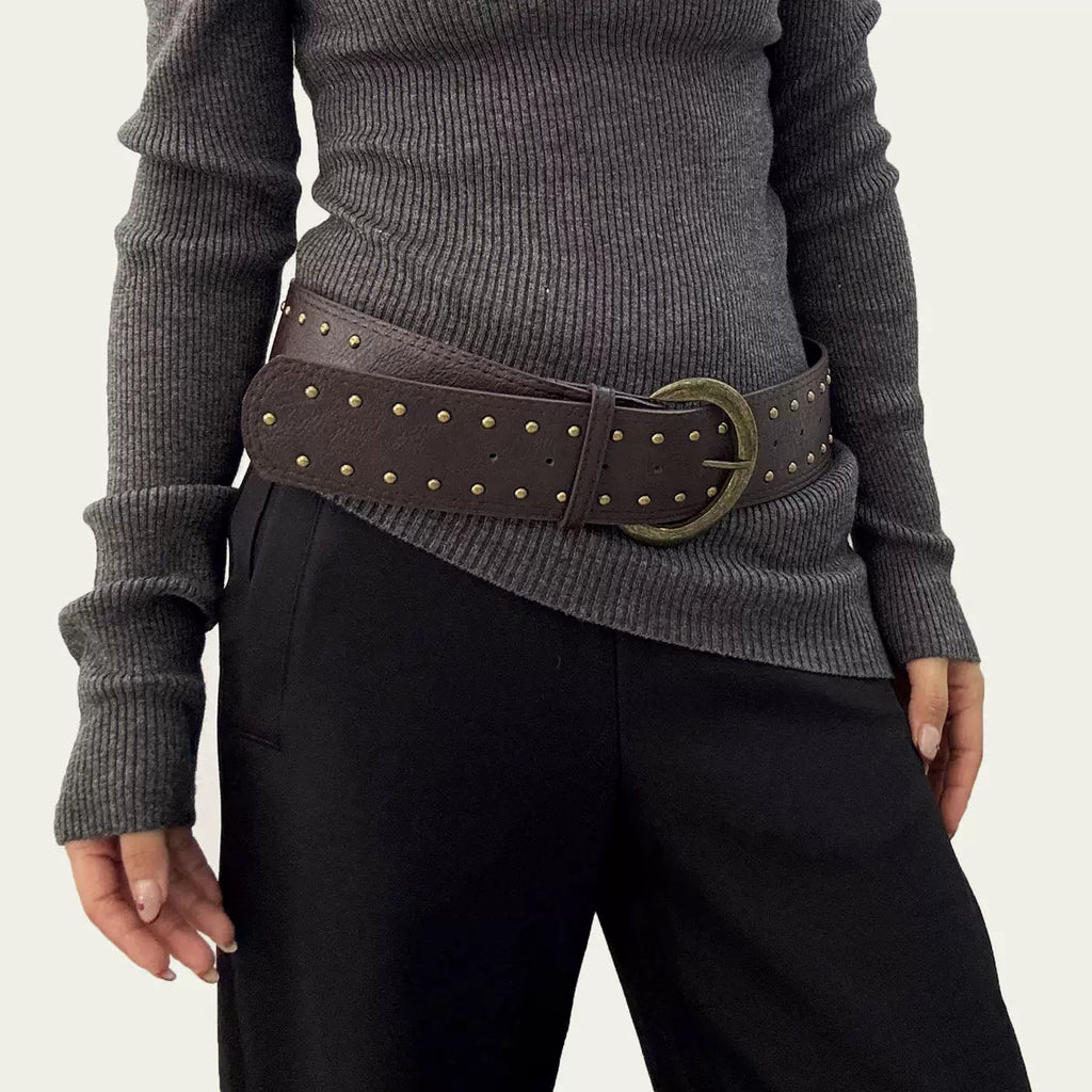 Women's Y2k Western Wide Studded Brown Dress Belt Retro Waist for Date Night Gift Party Versatile Designer Office Everyday