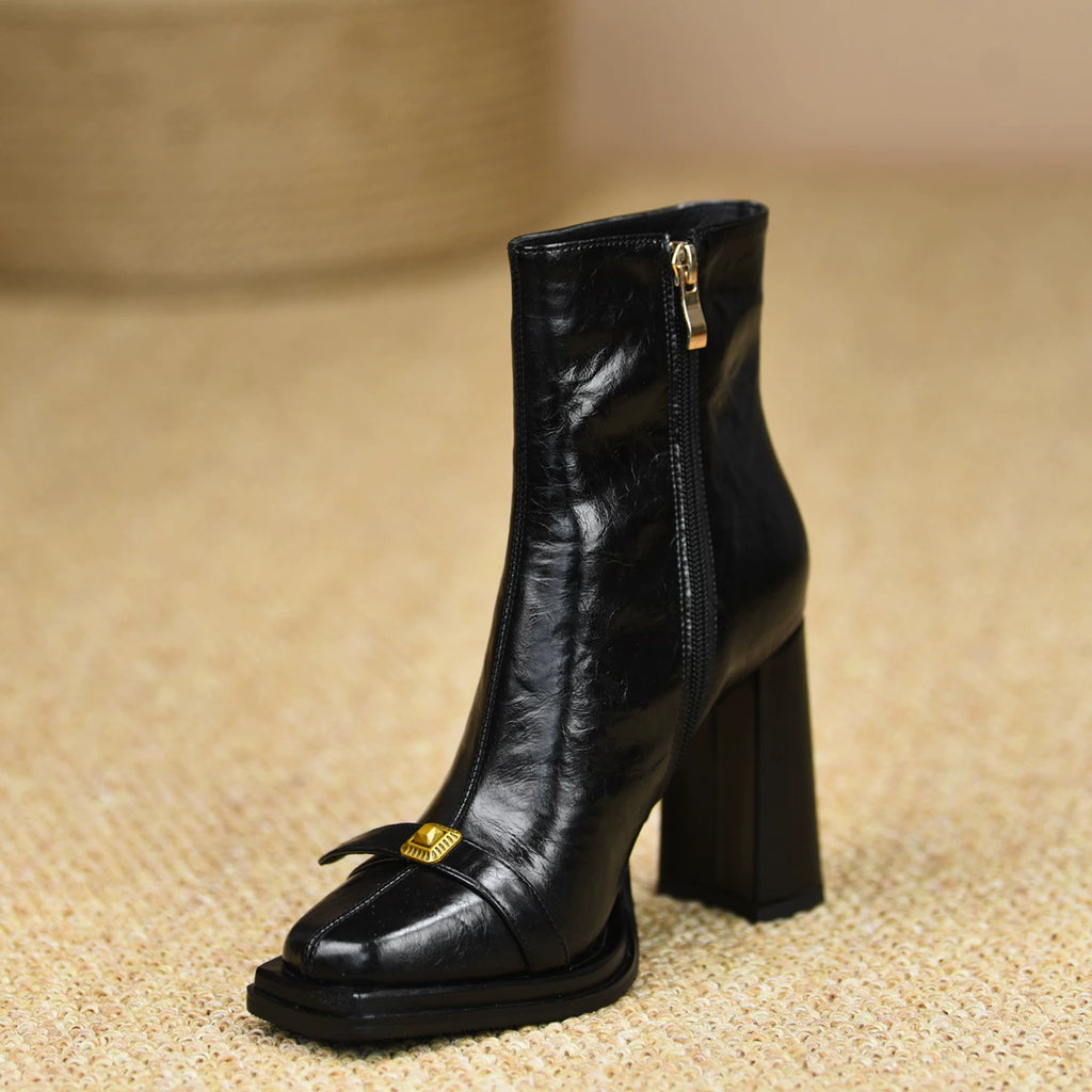 Women's Fall Winter Chunky Sole Square Toe Fleece-Lined Block Heel High Heel Retro Ankle Boots for Office and Weekend Streetwear Everyday Wear