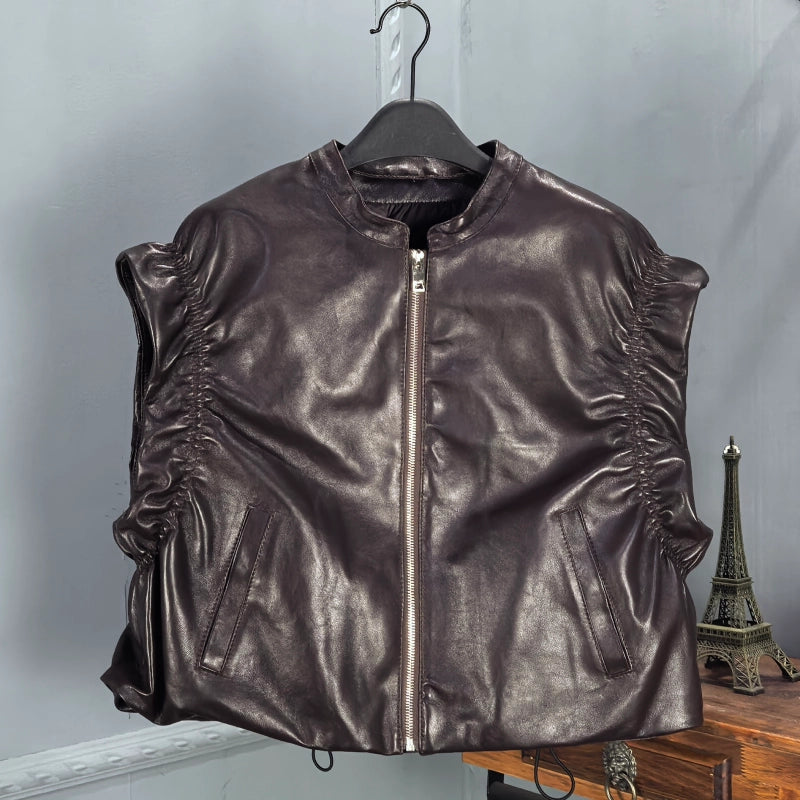 Women's Ruched Leather Fleece-Lined Zip Sleeveless Vest for Cold Weather Date Night Fall Winter Holiday Party