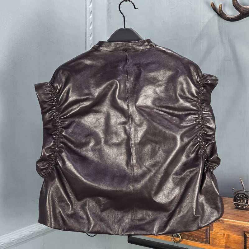 Women's Ruched Leather Fleece-Lined Zip Sleeveless Vest for Cold Weather Date Night Fall Winter Holiday Party