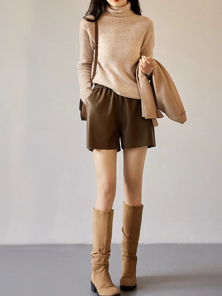 Women's Straight Workwear Leather Oversized Brown-Tone Outdoor Casual Shorts for Summer Outfits Weekend Everyday