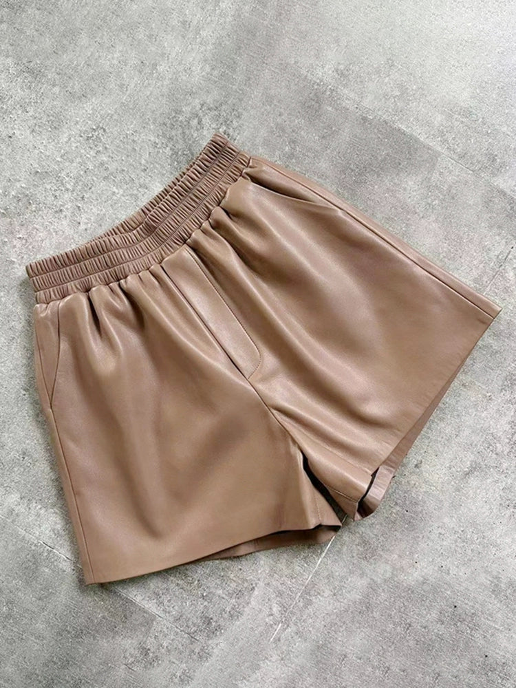 Women's Straight Workwear Leather Oversized Brown-Tone Outdoor Casual Shorts for Summer Outfits Weekend Everyday