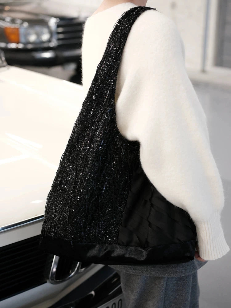 Women's Large-capacity Canvas Glitter Black Elegant Hobo Bag Slouchy Shoulder Purse Work Travel Everyday Purse
