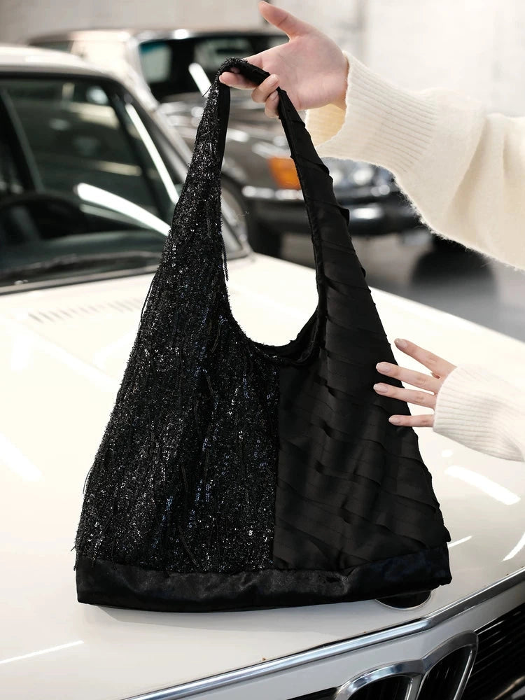 Women's Large-capacity Canvas Glitter Black Elegant Hobo Bag Slouchy Shoulder Purse Work Travel Everyday Purse