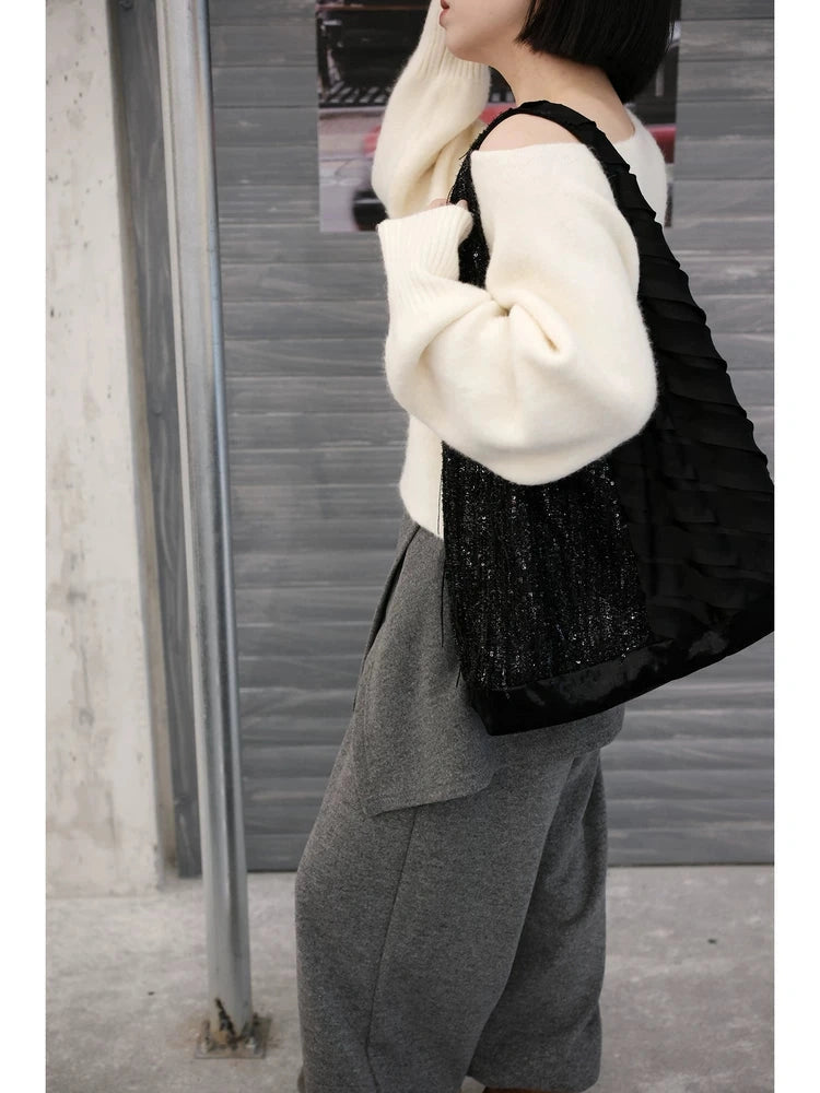 Women's Large-capacity Canvas Glitter Black Elegant Hobo Bag Slouchy Shoulder Purse Work Travel Everyday Purse