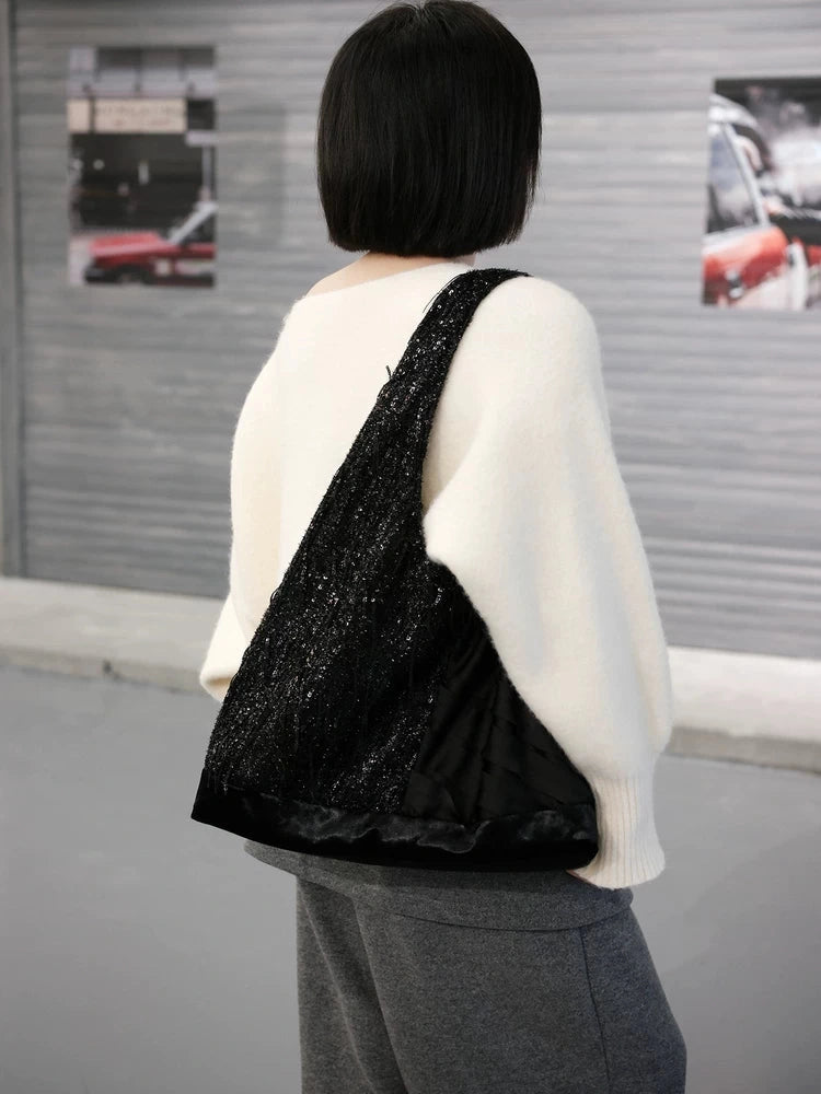 Women's Large-capacity Canvas Glitter Black Elegant Hobo Bag Slouchy Shoulder Purse Work Travel Everyday Purse