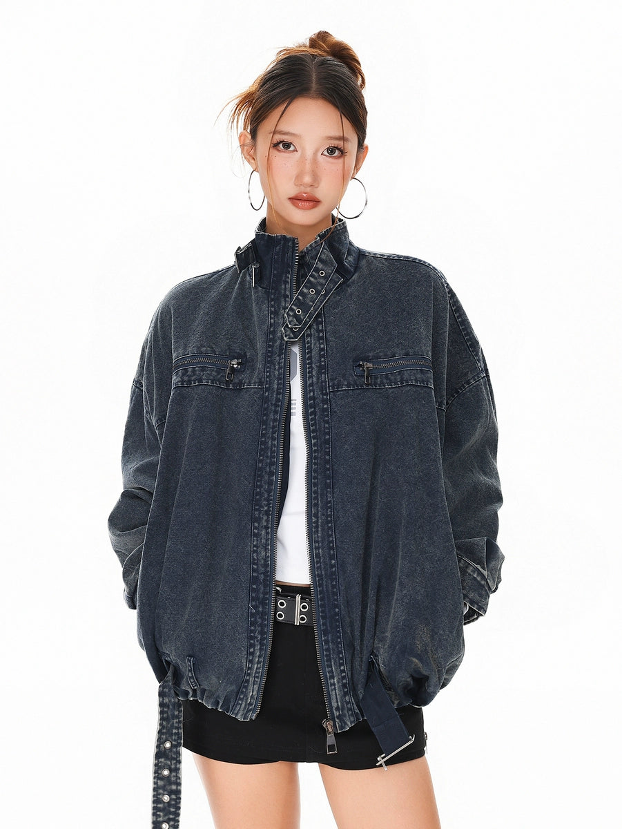 Women's Washed Mandarin Collar Oversized Zip Retro Jacket Casual Coat for Cold Weather Fall Travel Outdoor Holiday