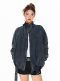 Women's Washed Mandarin Collar Oversized Zip Retro Jacket Casual Coat for Cold Weather Fall Travel Outdoor Holiday