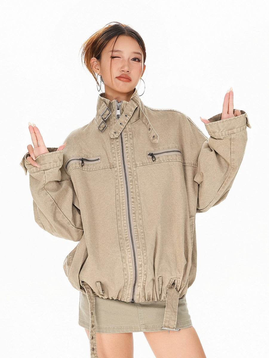 Women's Washed Mandarin Collar Oversized Zip Retro Jacket Casual Coat for Cold Weather Fall Travel Outdoor Holiday