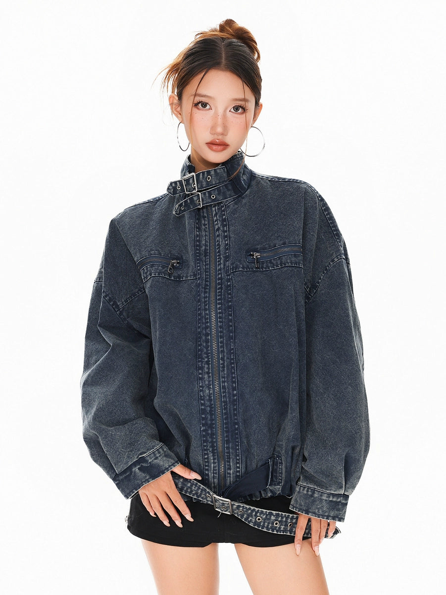 Women's Washed Mandarin Collar Oversized Zip Retro Jacket Casual Coat for Cold Weather Fall Travel Outdoor Holiday